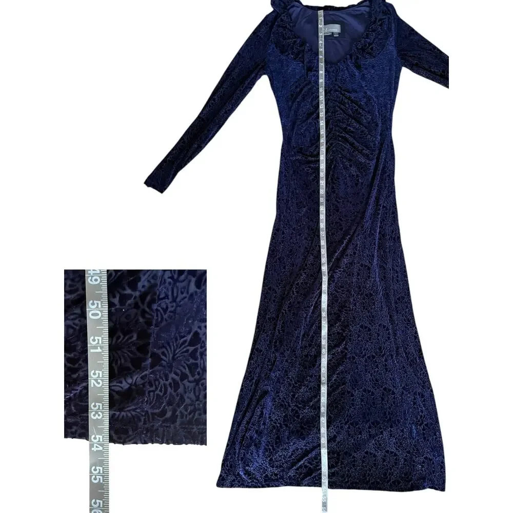 Anthropologie Blue Velvet Ruched Maxi Dress Size Med Ruffle Bodycon Formal - Picture 10 of 15